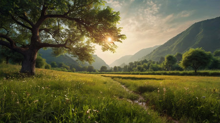 Sunset in the mountains with a lonely tree and a meadowの写真素材
