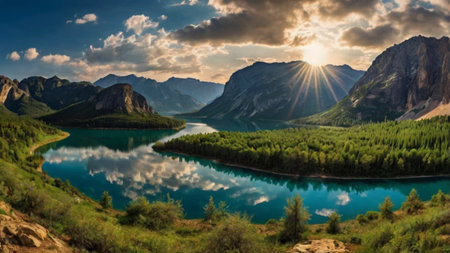Panoramic view of beautiful mountain lake in the Dolomites, Italyの写真素材