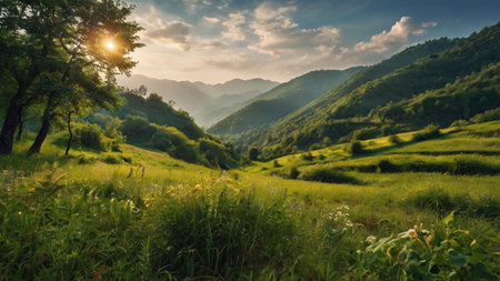 Beautiful sunset in the mountains. Landscape with green grass and trees