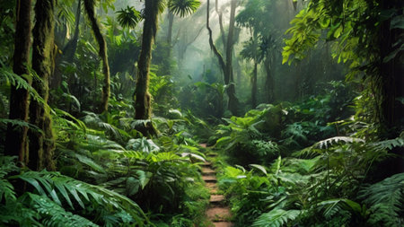 Tropical rainforest with ferns and path in the morningの写真素材