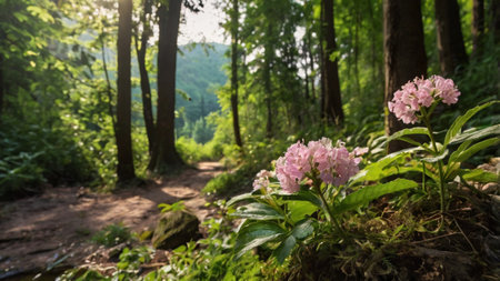 Pink hydrangea flowers blooming in the forest with sunlightの写真素材
