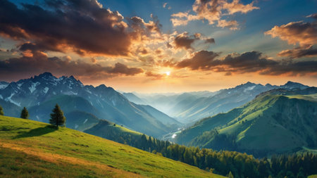 Majestic sunset in the mountains landscape. Dramatic sky. Carpathian, Ukraine, Europe. Beauty world.の写真素材