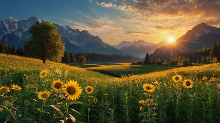 Sunflower meadow in front of the mountains at sunset. Beautiful summer landscape.の写真素材