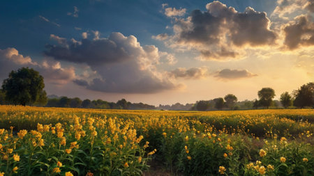 Sunflowers field and blue sky with clouds at sunset time.の写真素材