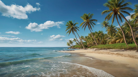 Panoramic view of tropical beach with palm trees and blue sky