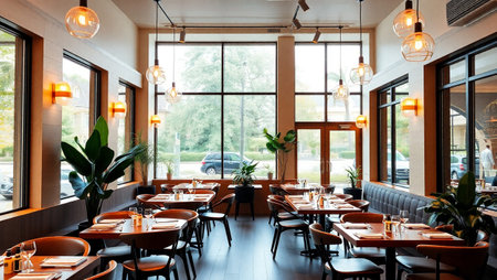 Interior of a restaurant with tables, chairs, chairs and plants