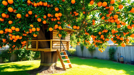 Oranges on a tree in the garden with stairs and ladder.の写真素材