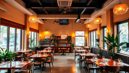 Interior of a restaurant with tables and chairs. Nobody inside.