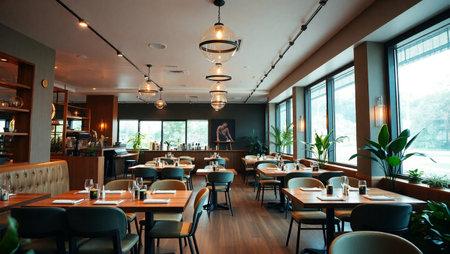 Interior of a restaurant with tables, chairs, chairs and lightingの写真素材