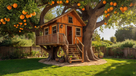 Orange tree in the garden with a wooden house. 3d render