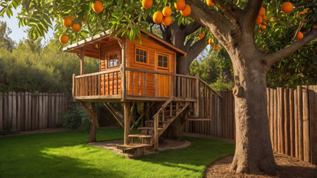 Orange tree in the garden with wooden house. 3d render.の写真素材