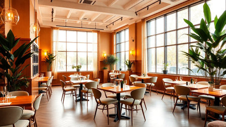 Interior of a restaurant with tables and chairs, interior design conceptの写真素材