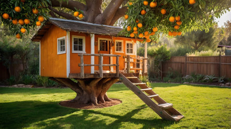 Orange house on a tree in the garden with stairs and tangerinesの写真素材