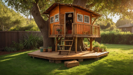 Wooden house in the garden on a sunny summer day. 3d rendering
