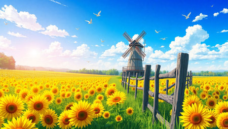 Sunflowers field with windmill. 3d render. Nature backgroundの写真素材