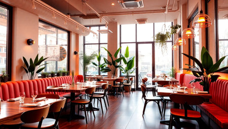 beautiful brand new european restaurant in downtown with bright lights