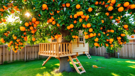 Oranges growing on a tree in an orchard in California.の写真素材