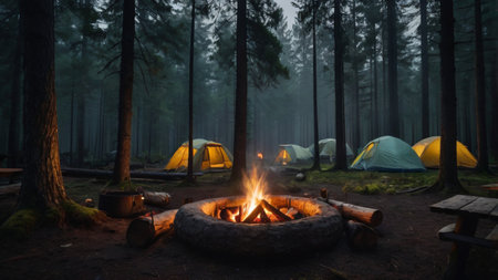 Camping in the pine forest at night with a bonfire in the foreground