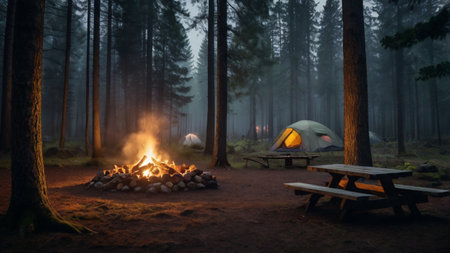 Camping in the pine forest at night with a bonfire in the foreground