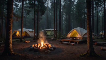 Camping in the pine forest at night. Camping in the woodsの写真素材