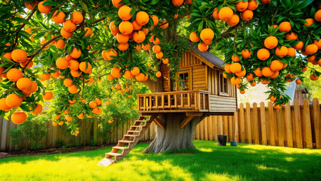 Orange tree with a wooden house in the garden, New York.の写真素材