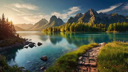 Mountain lake in the Dolomites at sunrise. Italy.