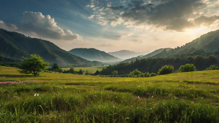 Sunset in the mountains. Beautiful landscape with meadow and forestの写真素材