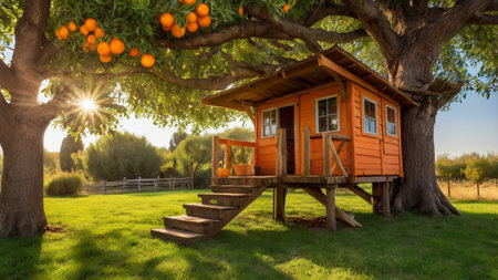 Wooden house with orange tree in the garden.の写真素材