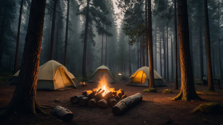 Camping in the forest with a bonfire and a tent.の写真素材
