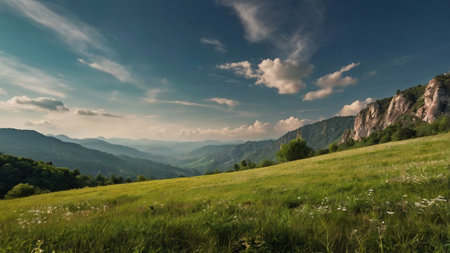 panoramic view of green meadow and mountains in the background