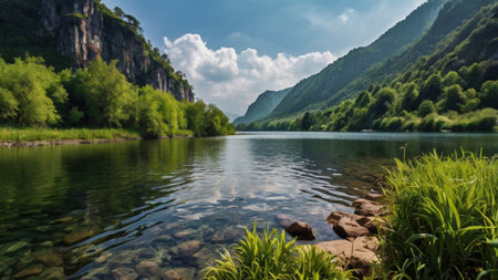 Beautiful lake in the mountains with clear water and green grass.の写真素材