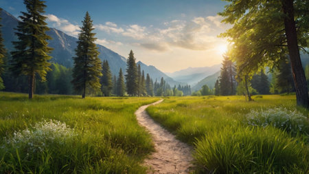 Hiking trail in the mountains at sunset. Beautiful summer landscape.