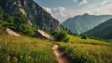 Hiking trail in the mountains in the summer. Beautiful mountain landscape