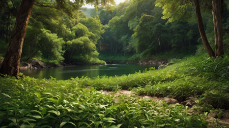 Beautiful green nature landscape in the park with river and forest.の写真素材