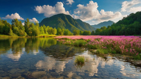 Beautiful summer landscape with pink flowers and mountains reflected in the lakeの写真素材