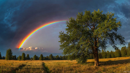 Rainbow over the meadow in the evening. Summer landscape.の写真素材