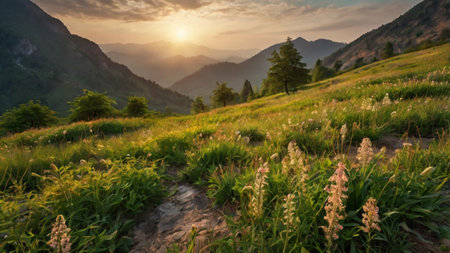 Sunset in the mountains with green grass and flowers in the foregroundの写真素材