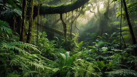 Green rainforest with fog and sunlight in Doi Inthanon National Park, Chiang Mai, Thailand