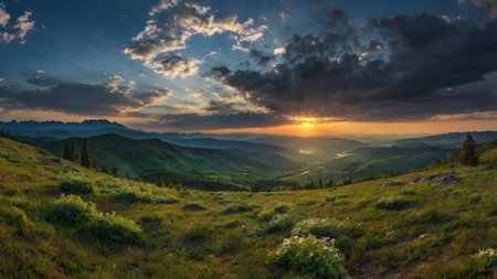 Sunset in the mountains. Beautiful summer landscape in the Carpathians.