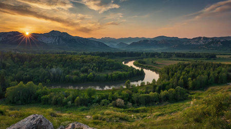 Sunset over the river and mountains. Altai, Siberia, Russiaの写真素材