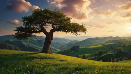 Lonely tree on the meadow in the mountains at sunsetの写真素材