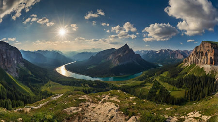 Panoramic view of the lake and mountains in Dolomites, Italy