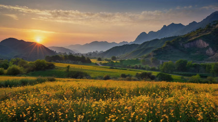 Sunset over the valley with yellow flowers and mountains in the background