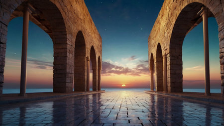 3D CG rendering of ancient ruins and the sea at sunset.