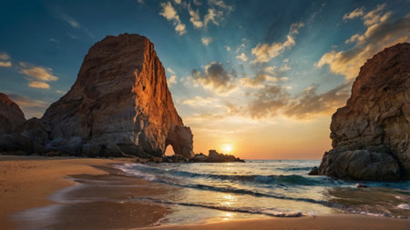Sunset at the beach of Algarve, Portugal, Europeの写真素材