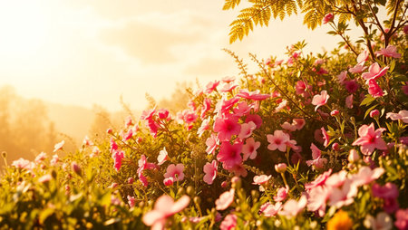 Beautiful pink flowers in the garden at sunset time. Nature backgroundの写真素材