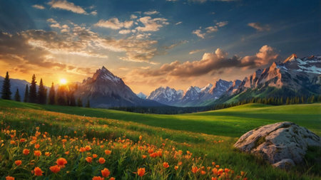Panoramic view of the mountain range and meadow at sunsetの写真素材