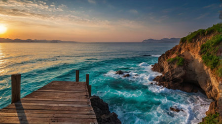 Wooden pier leading to the sea at sunset, Koh Samui, Thailandの写真素材