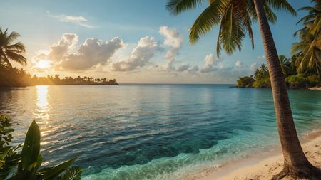 Panoramic view of beautiful beach with palm trees at sunset.