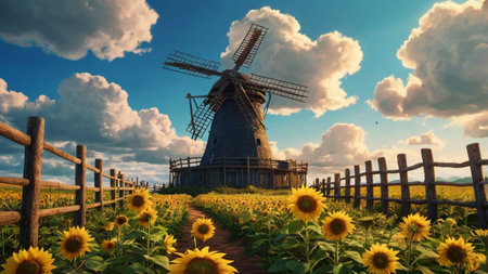 Sunflower field with windmill in the background. 3d render